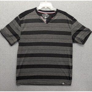 Denim & Rivets Shirt Mens XL Black Gray Striped V Neck Short Sleeve Casual Y2K